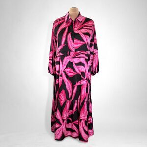 FIRST LOVE Tiered Satin Maxi Shirt Dress Floral, NEW!  Size 1X